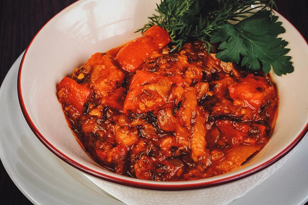 Georgian Food Ajapsandali, a traditional Georgoan stewed vegetable dish