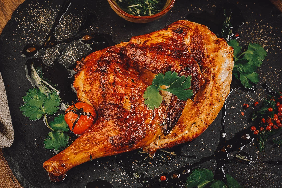 Georgian Food Chicken tabaka, a Georgian dish of pan-fried chicken