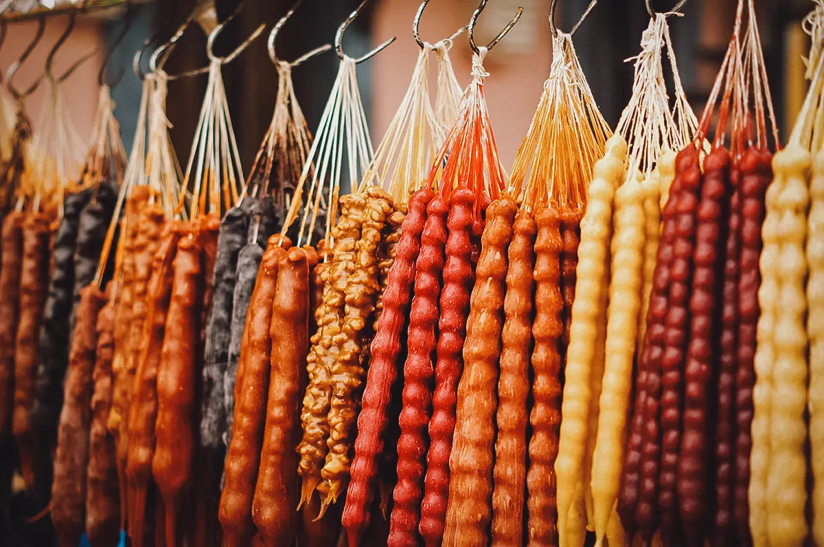 Georgian Food Churchkhela, a traditional Georgian snack made with nuts dipped in grape juice