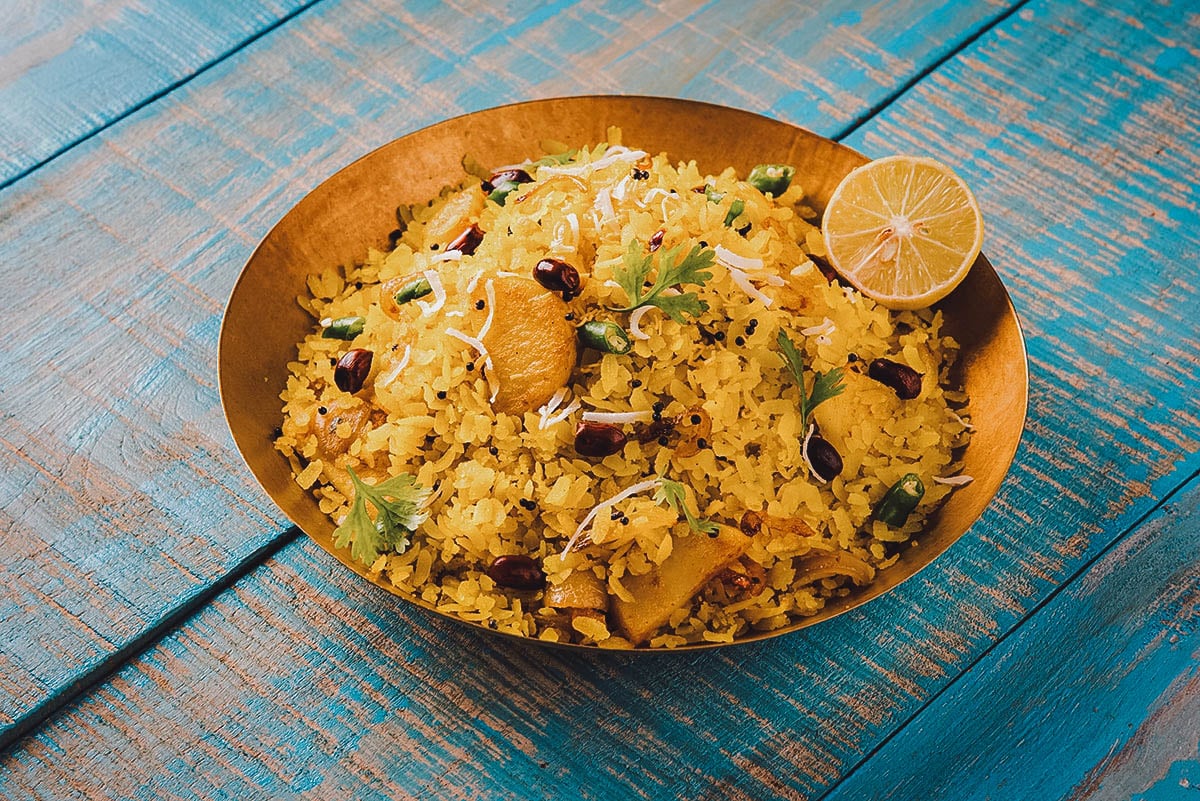 Bowl of poha fried rice, a popular street food in India