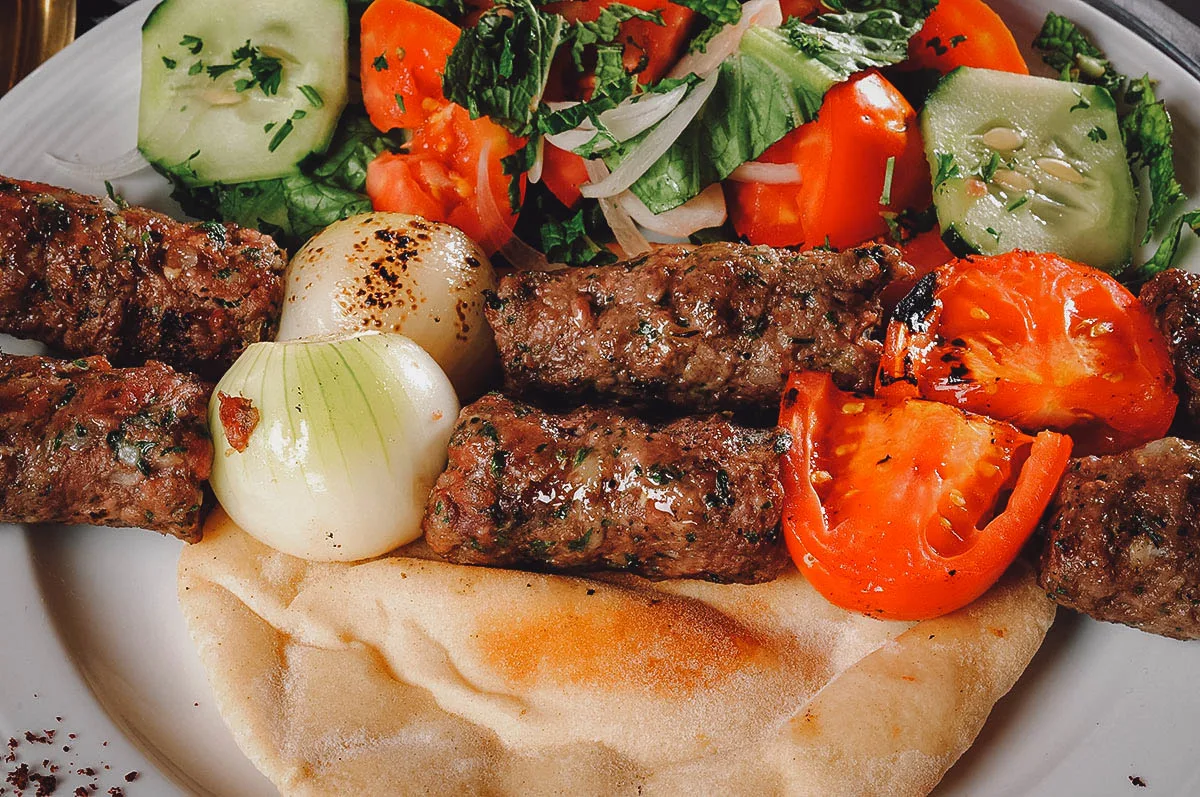 Lebanese Food Kafta with pita and vegetables