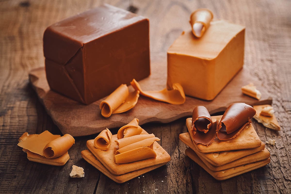 Blocks of brunost or Norwegian brown cheese, a traditional food in Norway