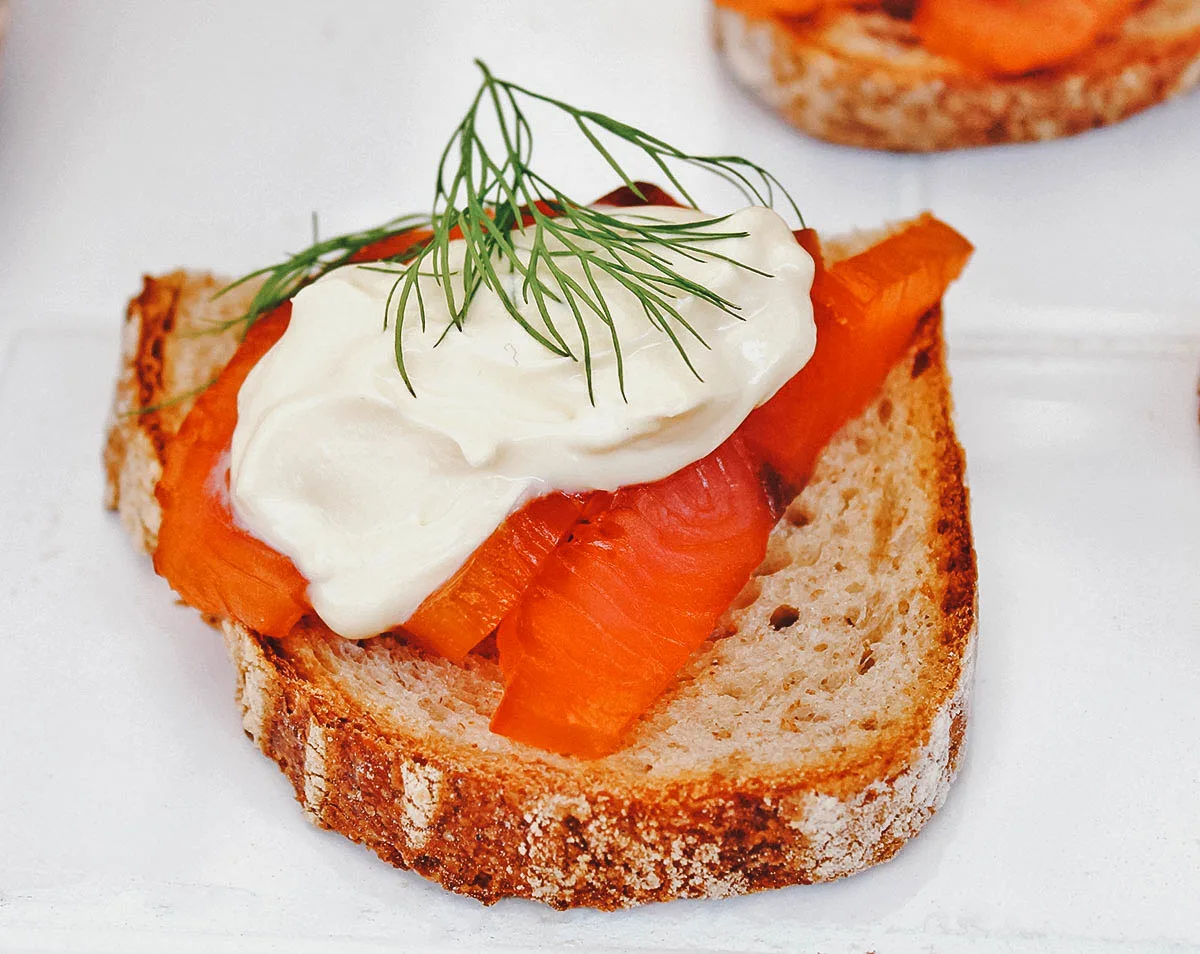 Norwegian Food Gravlax or cured Norwegian salmon served on bread