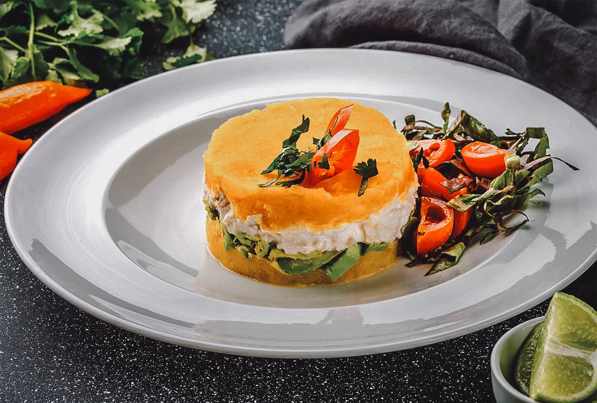 Peruvian Food Causa rellena, a traditional Peruvian potato casserole dish