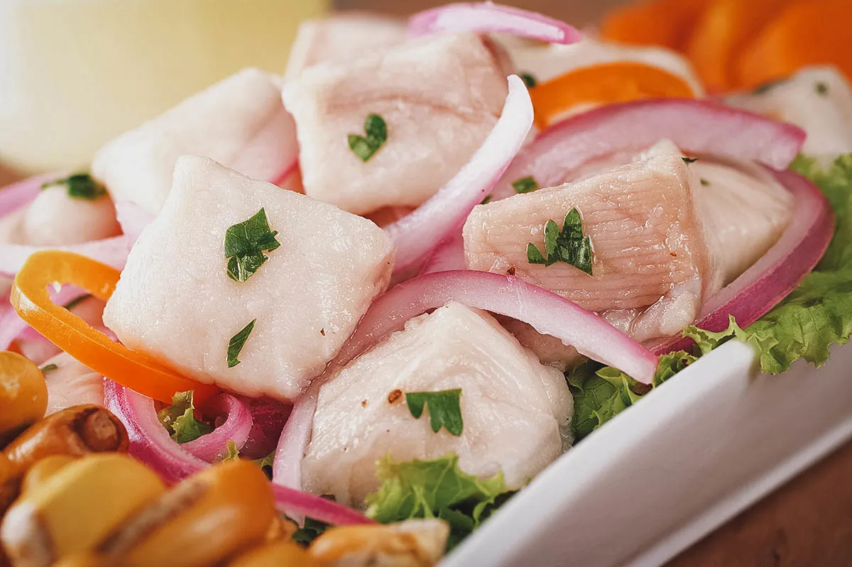 Peruvian Food Ceviche made with sea bass and ref onion, one of the most popular dishes in Peruvian cuisine