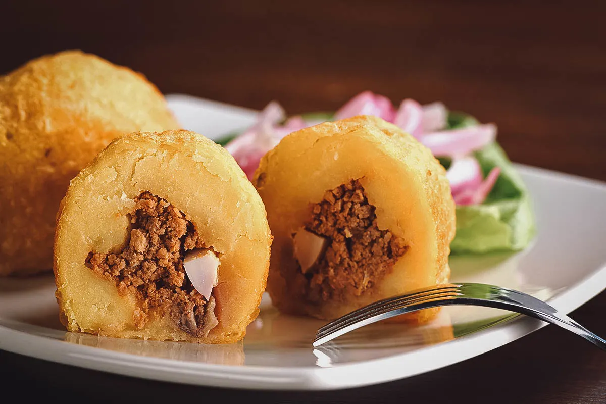 Papa rellena, a type of Peruvian croquette made with ground beef