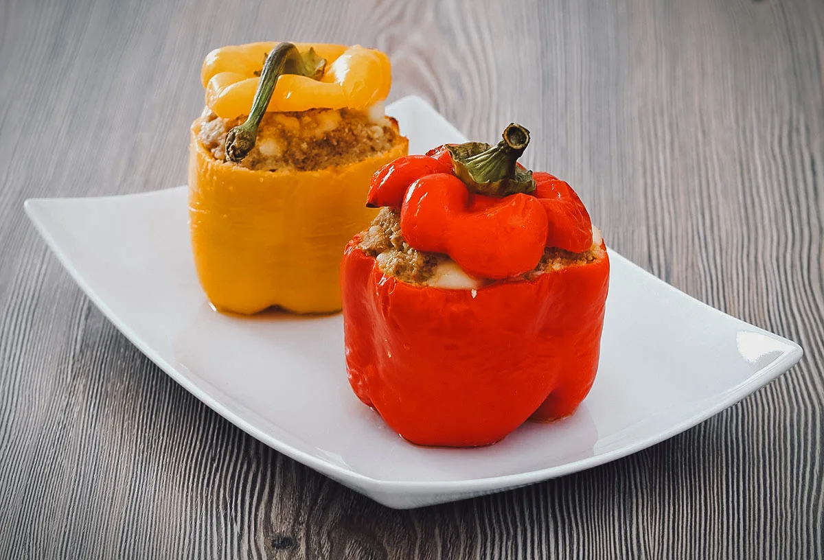 Peruvian Food Rocoto relleno stuffed red and yellow chili peppers with queso fresco