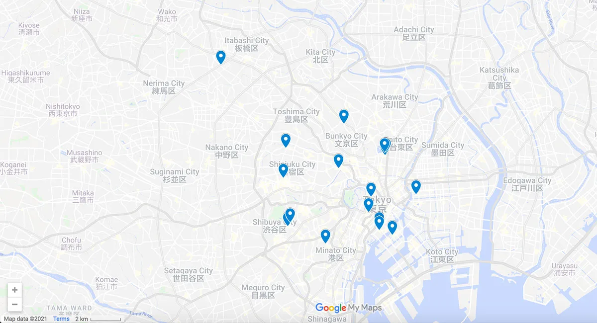Tokyo Restaurants Map with pins