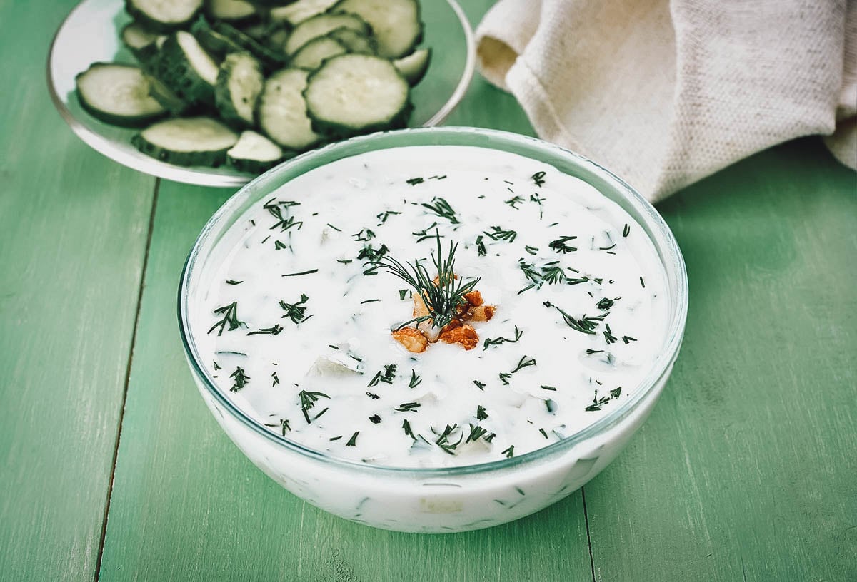 Bowl of tarator, an Albanian cucumber soup often enjoyed with feta cheese and bread