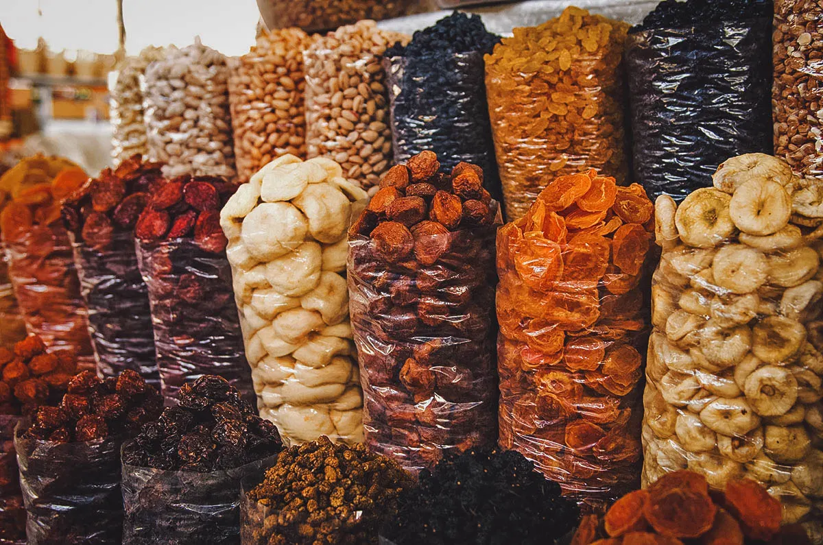 Bags of dried fruit at the market