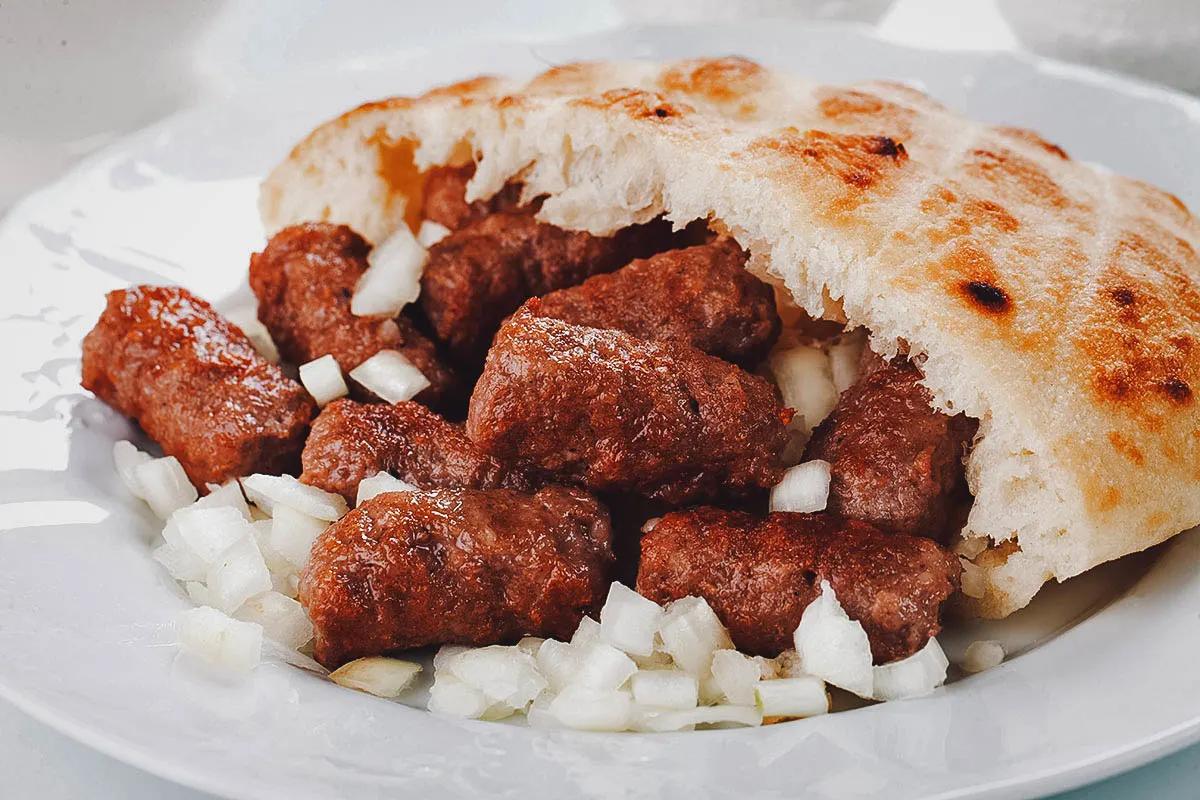 Bosnian Food Cevapi with bread and onions
