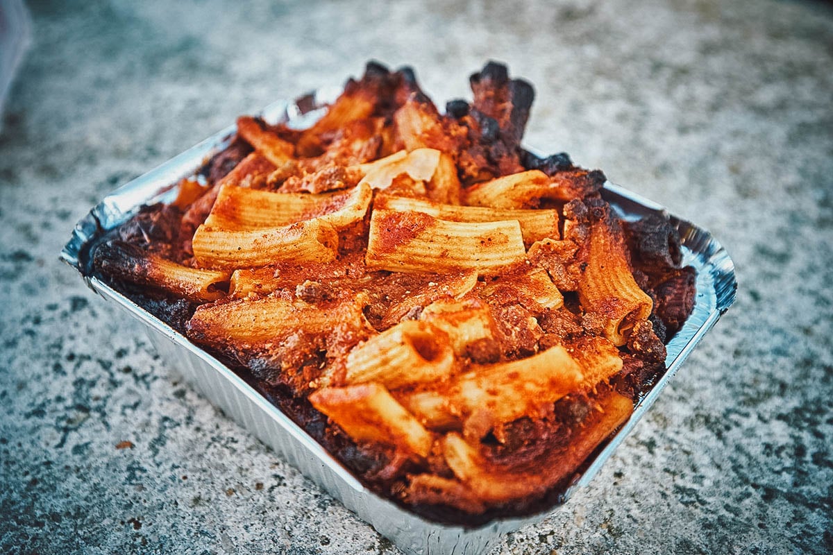 Timpana, a Maltese pasta pie made with a tomato paste meat sauce