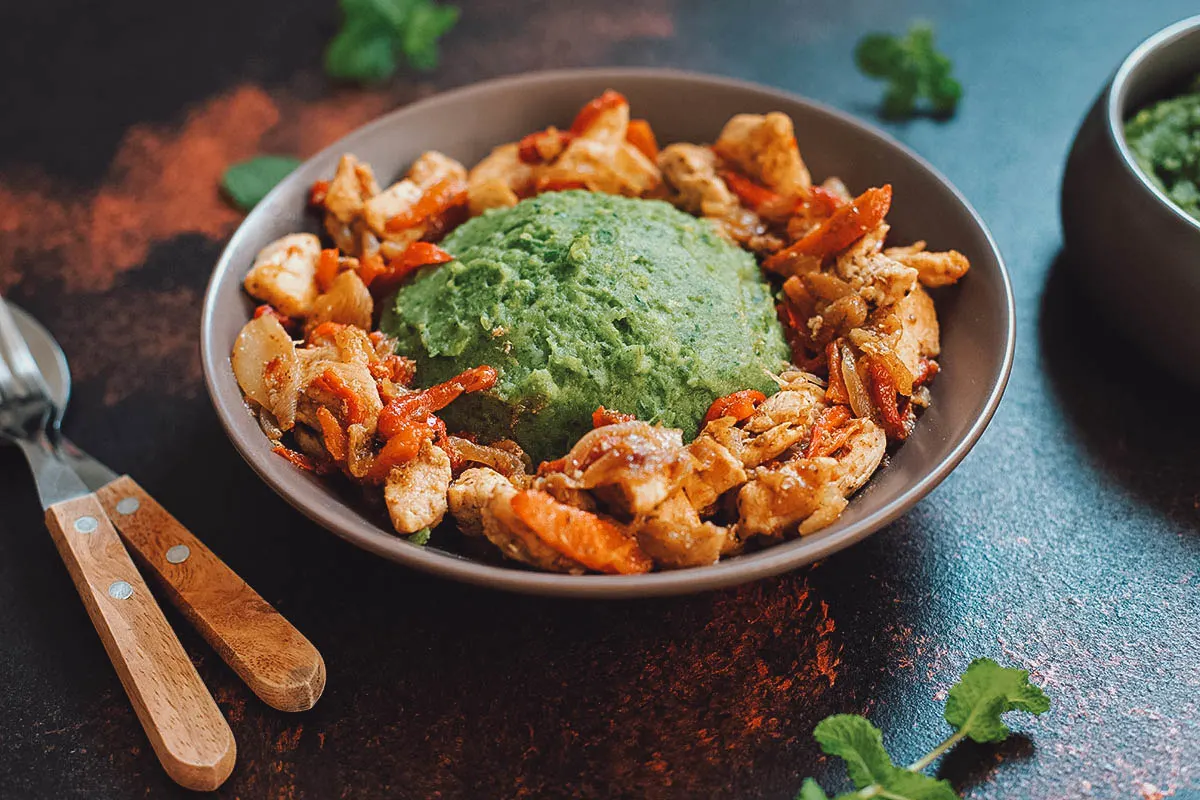 Kenyan Food Mukimo, a Kenyan staple dish made with mashed potatoes and greens