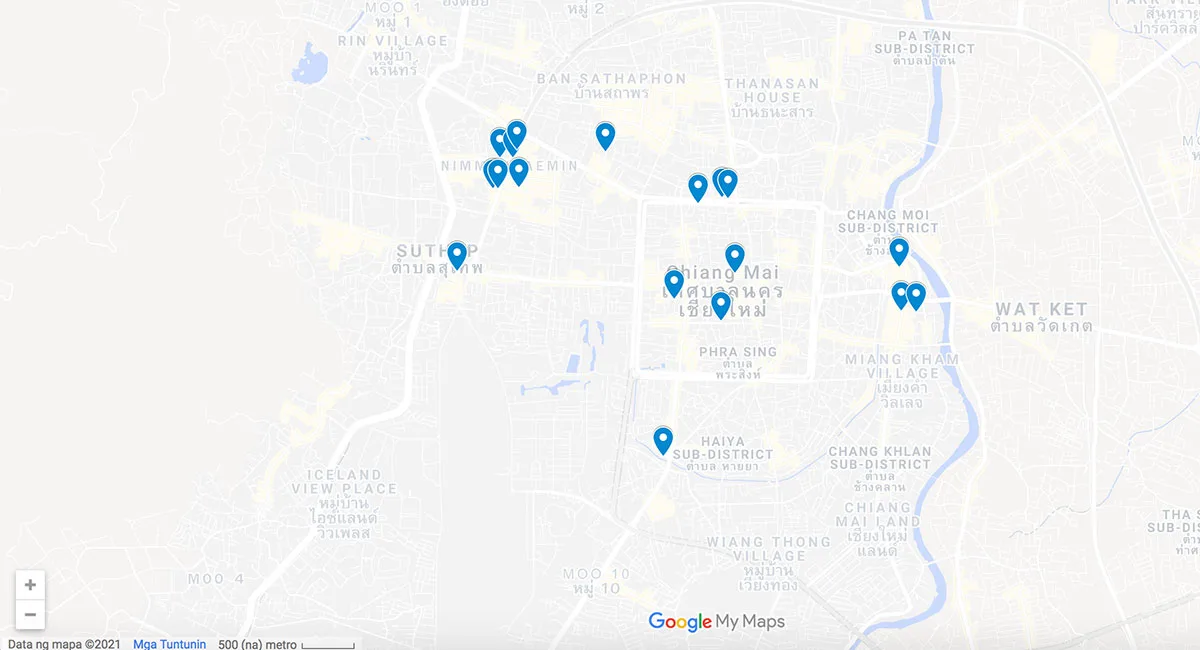 Chiang Mai map with restaurant pins