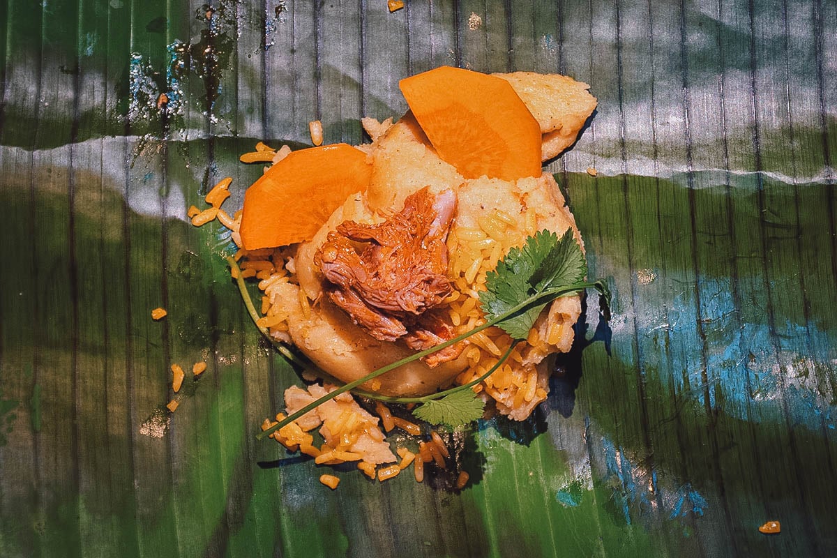 Tamal on a banana leaf, an important cultural food in Costa Rica