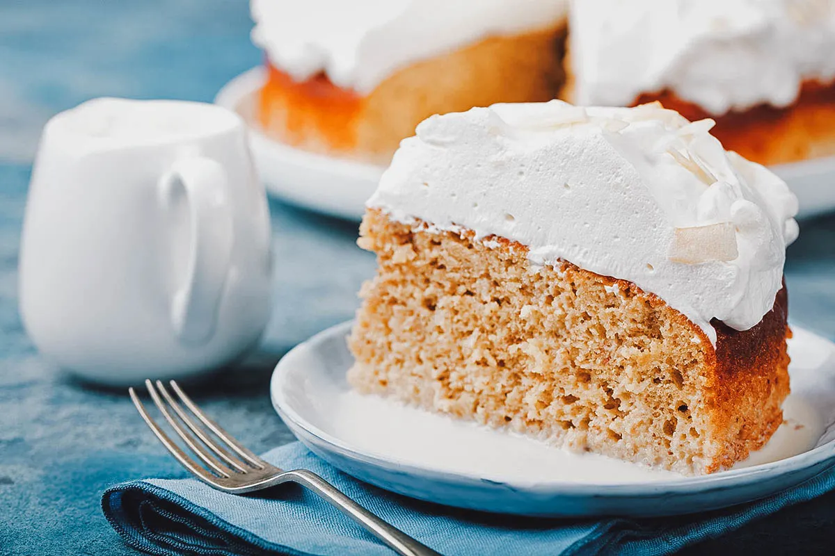 Peruvian Desserts Tres leches cake, a popular Peruvian cake soaked in milk syrup