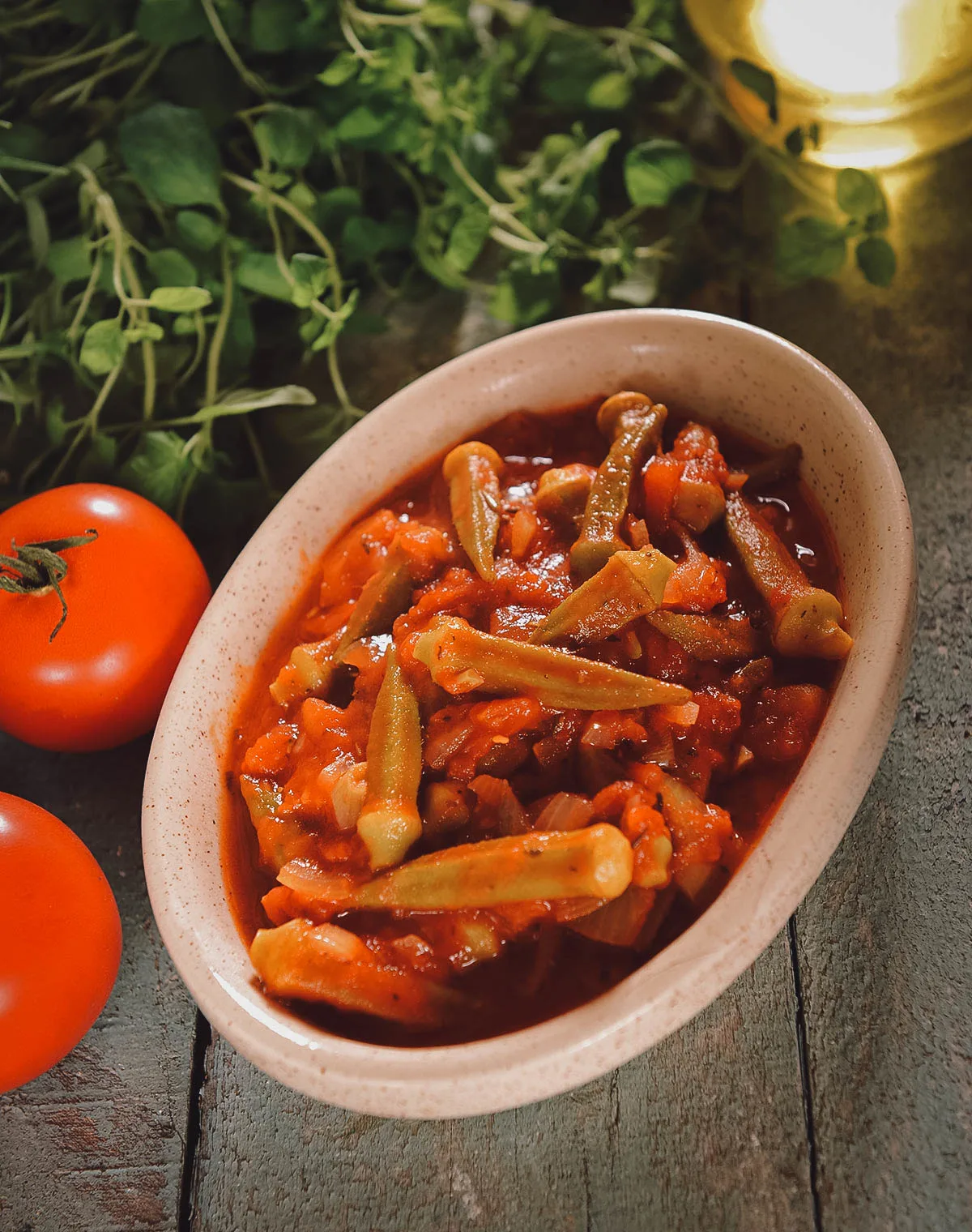 Egyptian Food Bowl of bamya, a popular Egyptian stew made with okra in tomato sauce