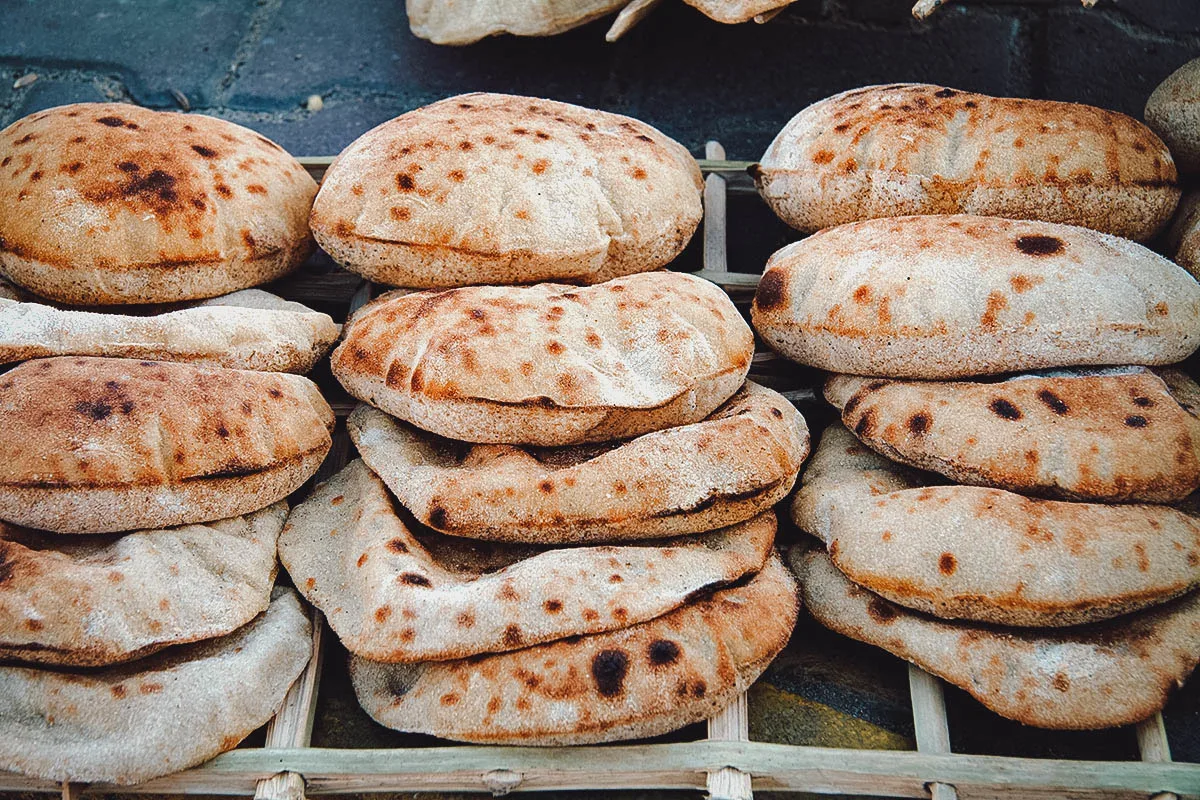 Egyptian Food Stacks of aish baladi in Cairo, the Egyptian version of pita bread
