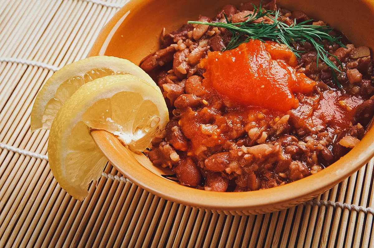 Egyptian Food Earthenware pot of ful medames, an Egyptian food staple and national dish made with fava beans