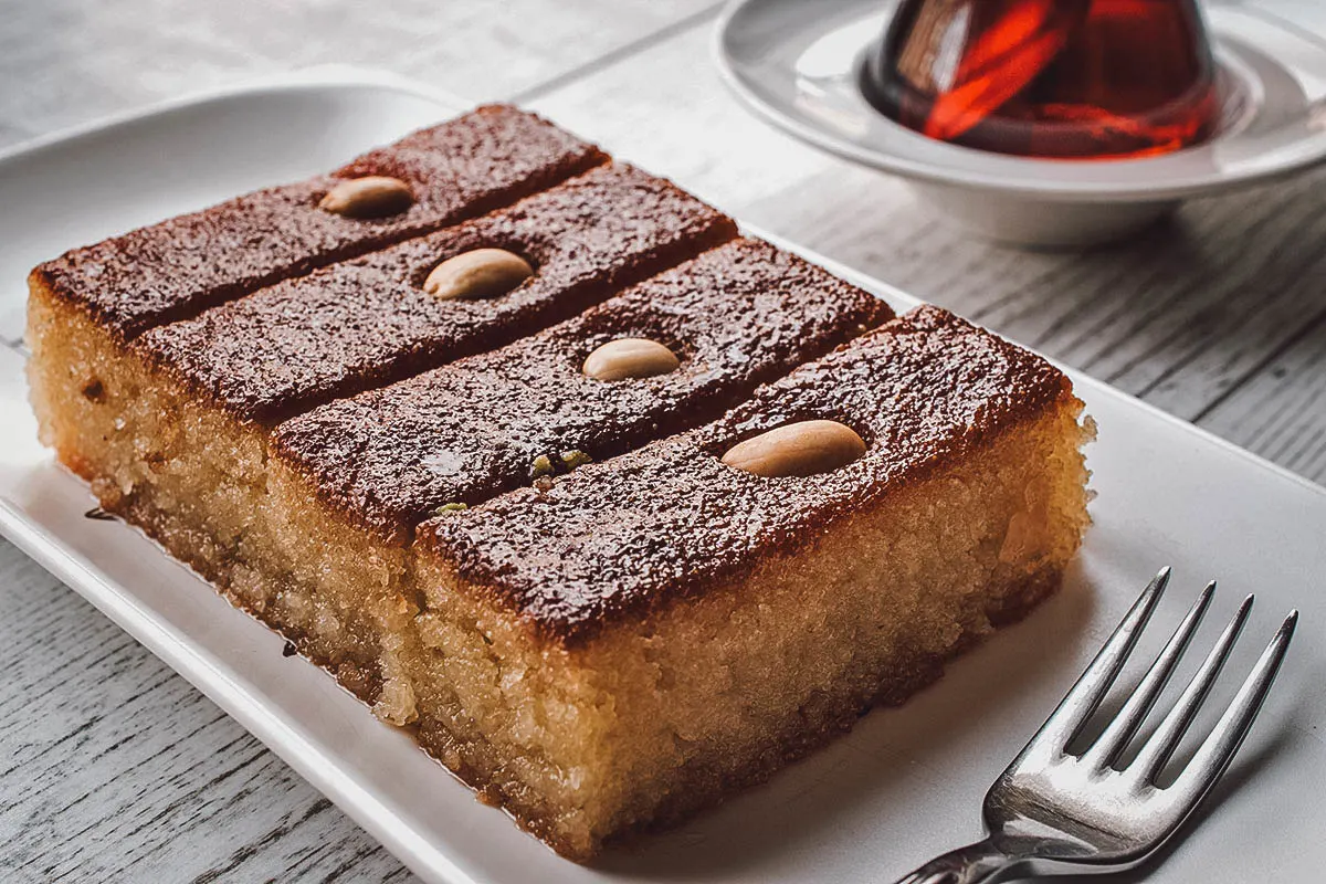 Egyptian Food Servings of basboosa, a popular Egyptian semolina cake