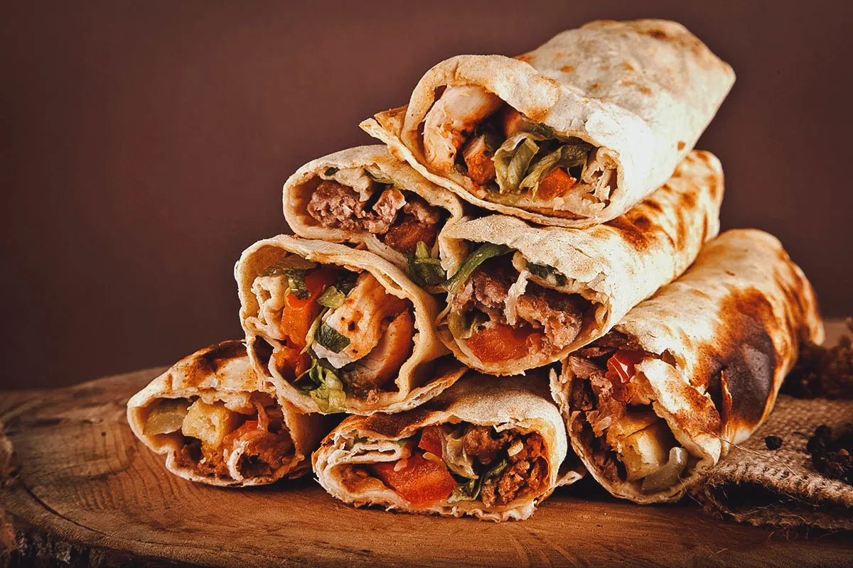 Egyptian Food Stack of Egyptian shawarma, a classic street food in Egypt