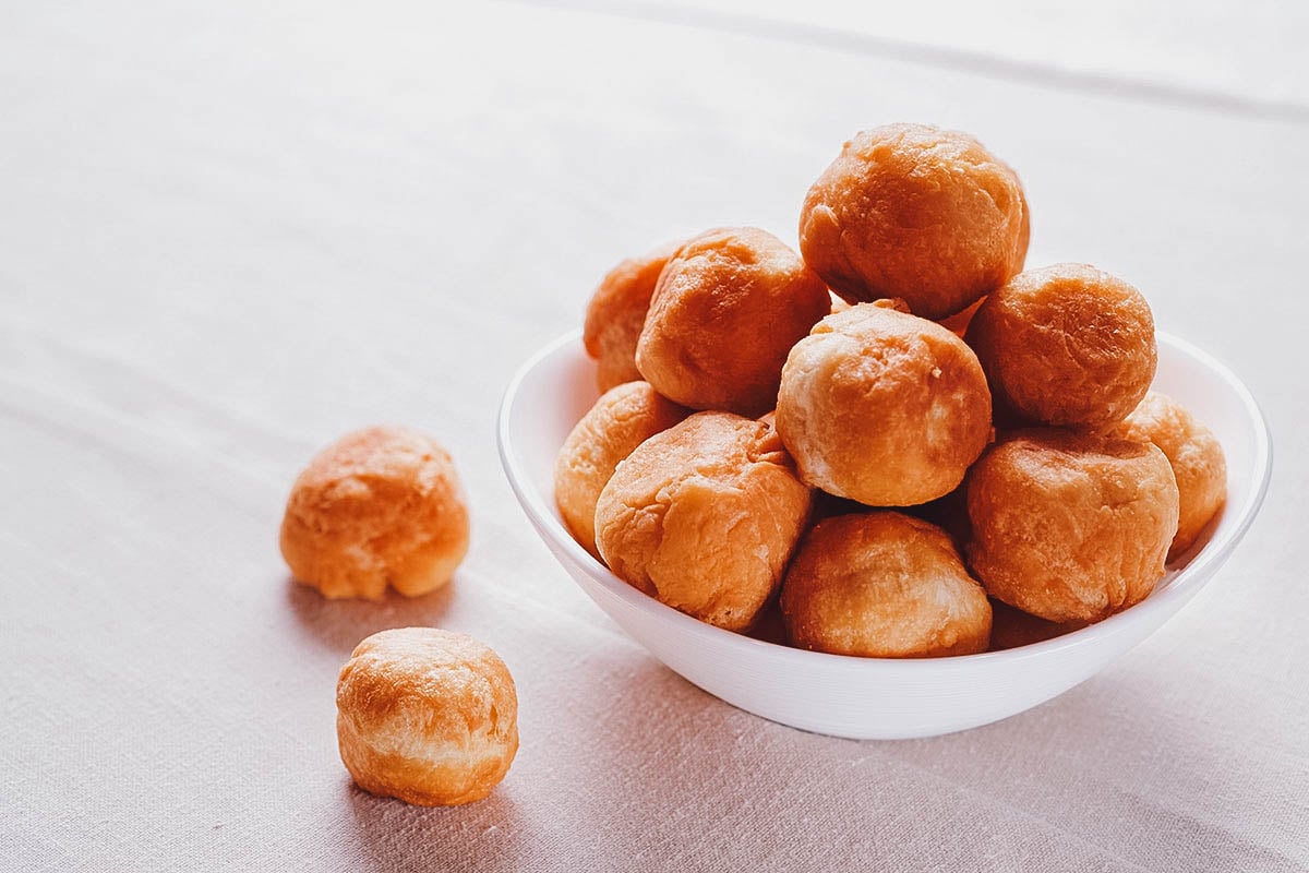 Bowl of boortsog, a Mongolian fried dough snack