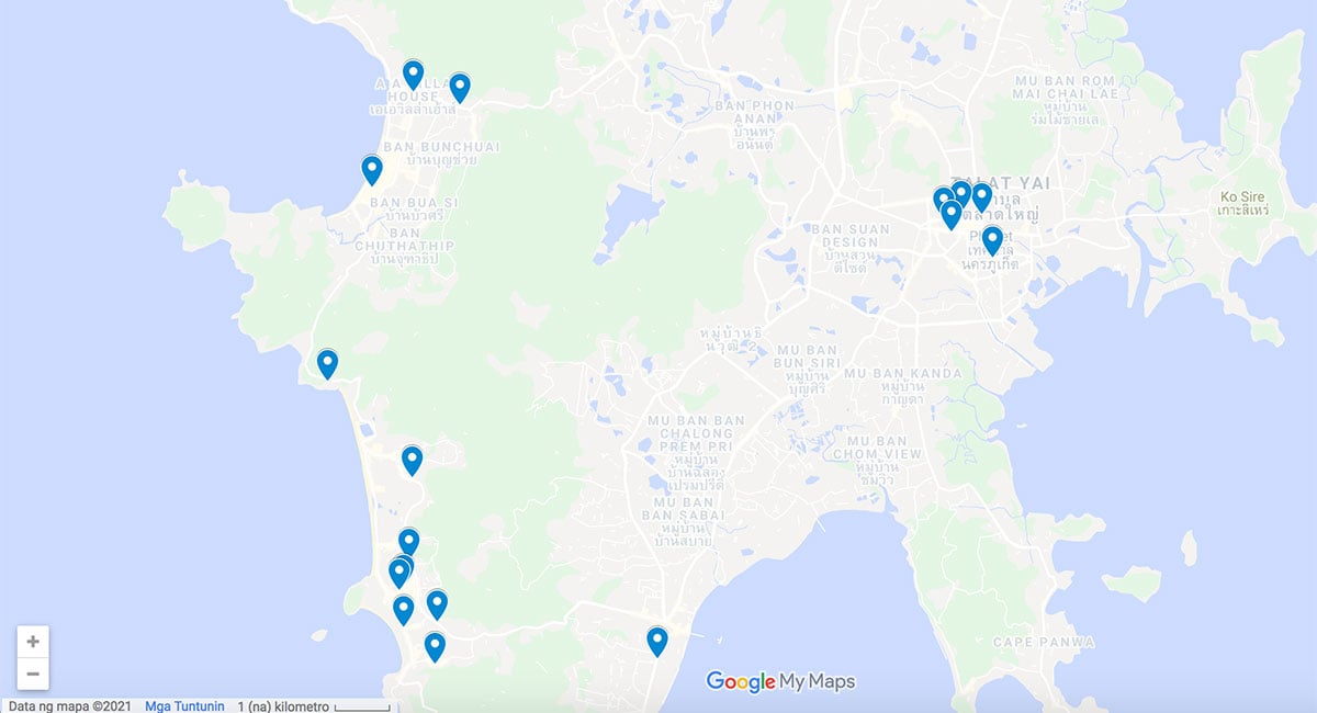 Phuket map with pins to restaurants