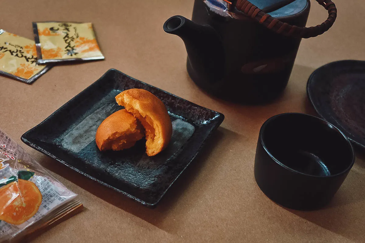 Kogane shikuwasa manju from Sakuraco with Japanese teapot and plates