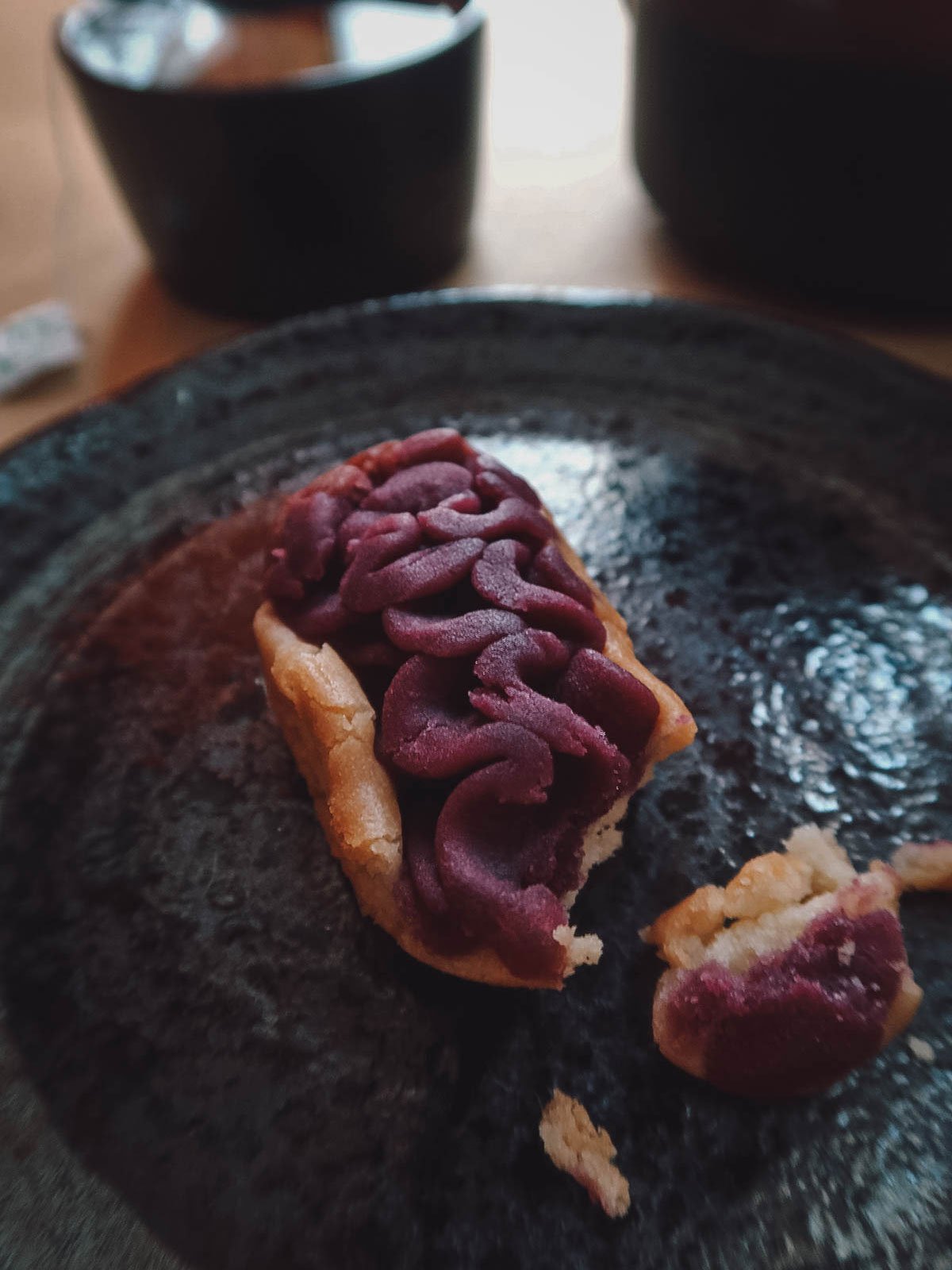 Beni imo tart from Sakuraco with Japanese teapot and plates