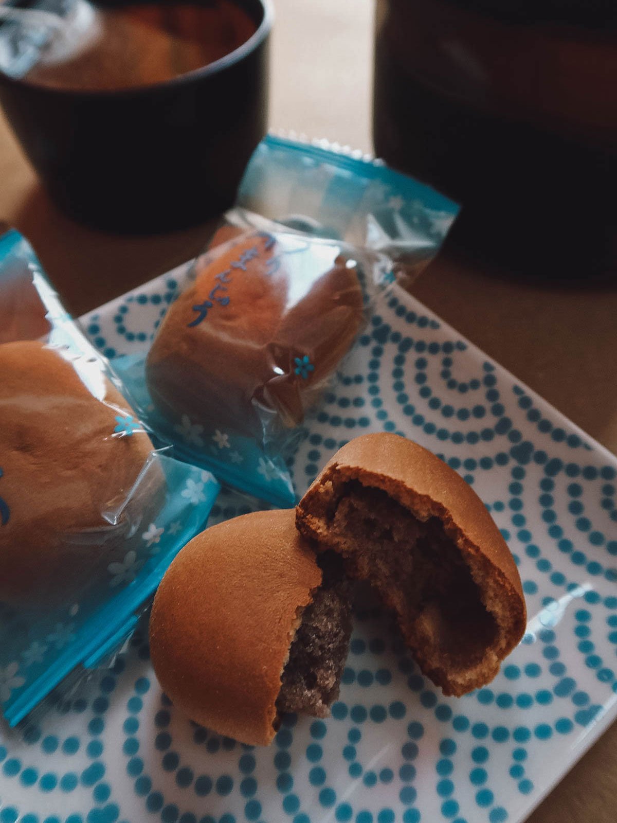 Red bean manju from Sakuraco with a Japanese teapot and plates