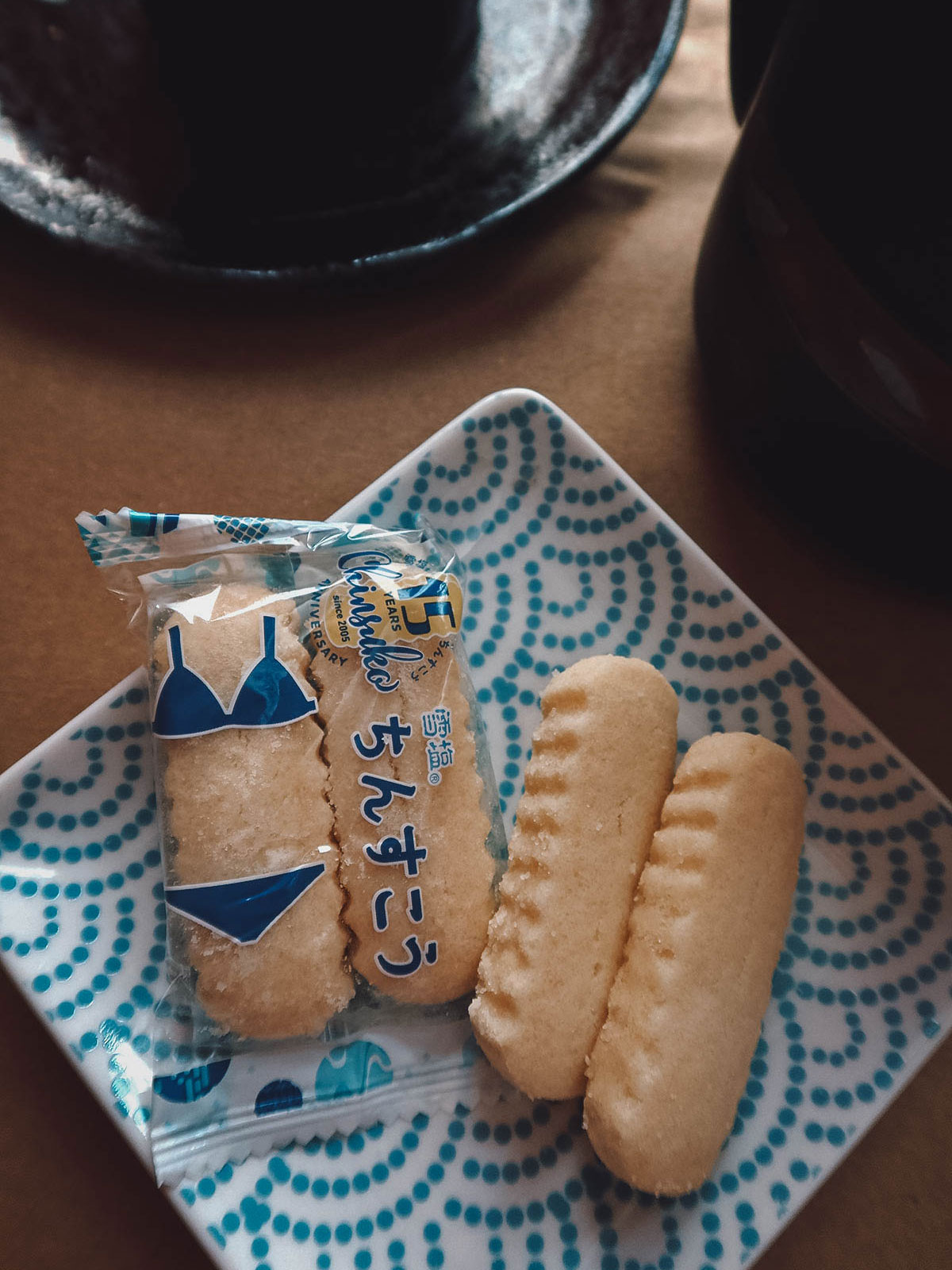 Snow salt chinsuko from Sakuraco with a Japanese teapot and plates