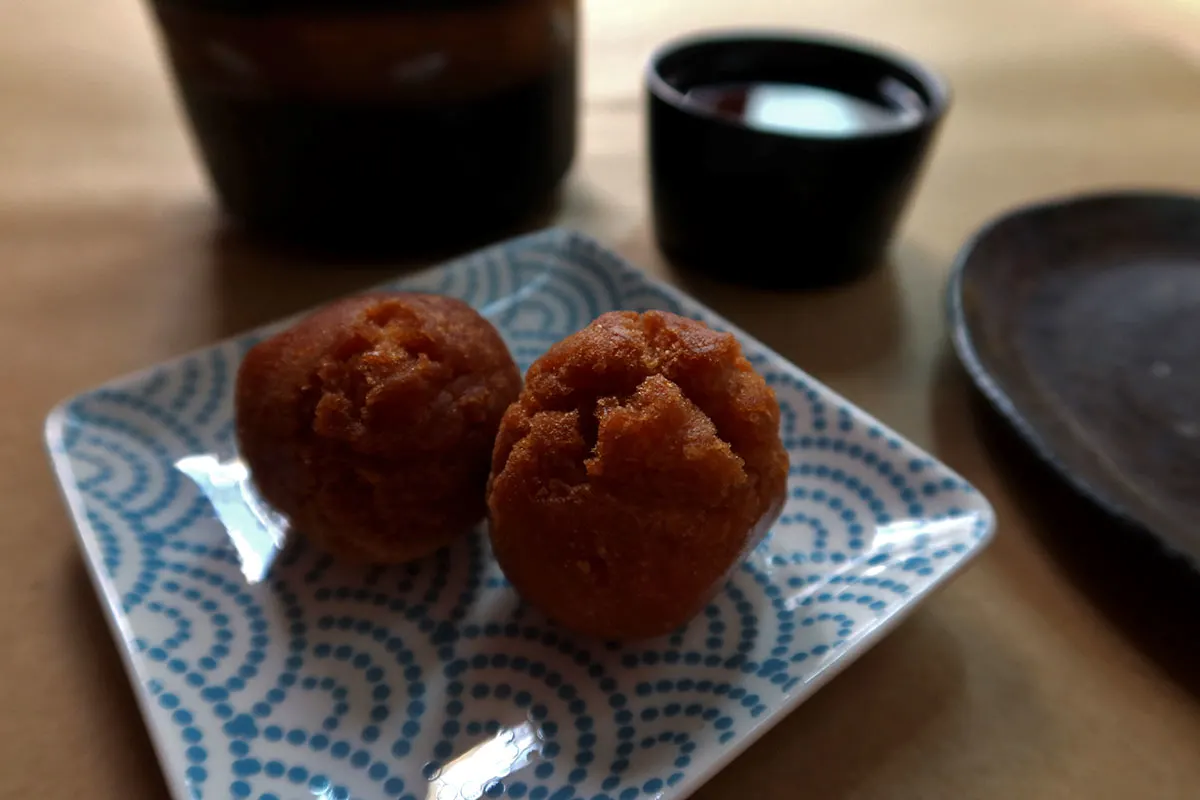 Sata andagi beni imo doughnuts from Sakuraco with Japanese plates