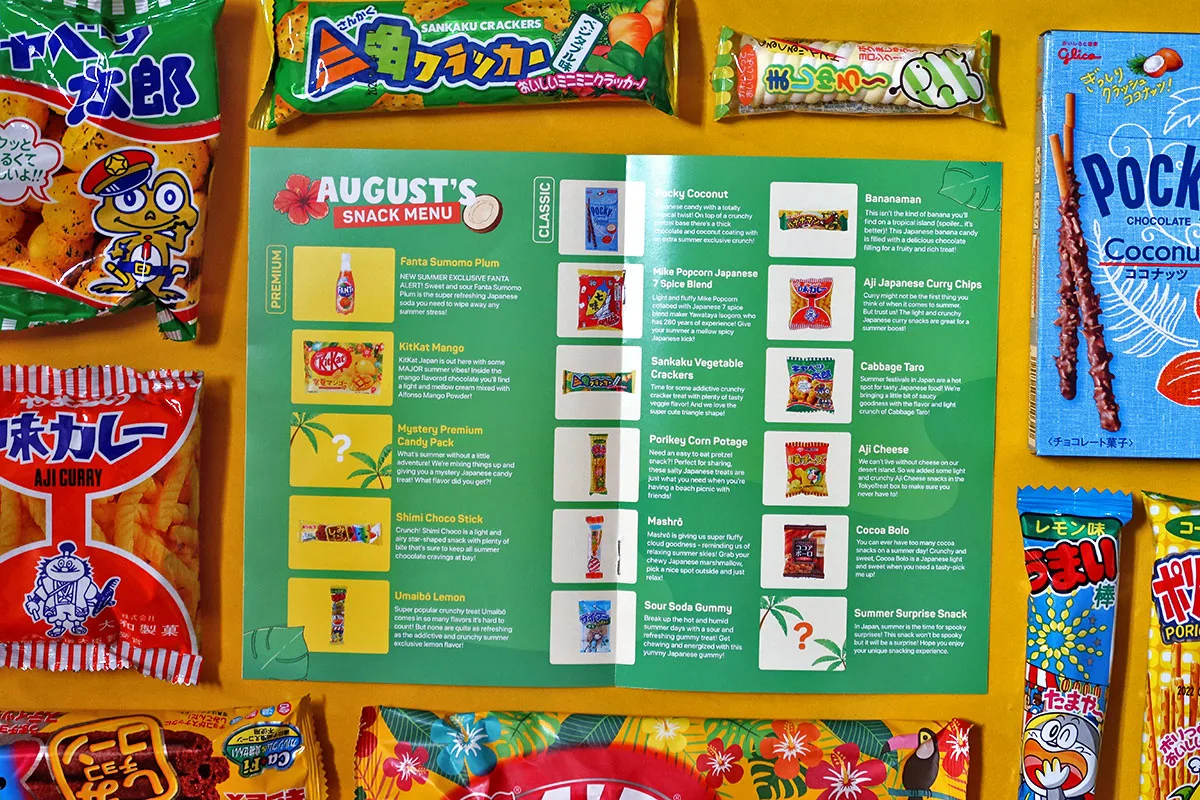Tokyo Treat Subscription Box Review TokyoTreat booklet surrounded by snacks