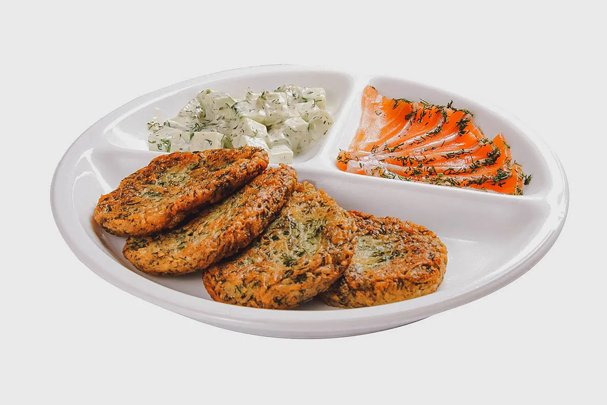 Ukrainian Food Deruny with salmon