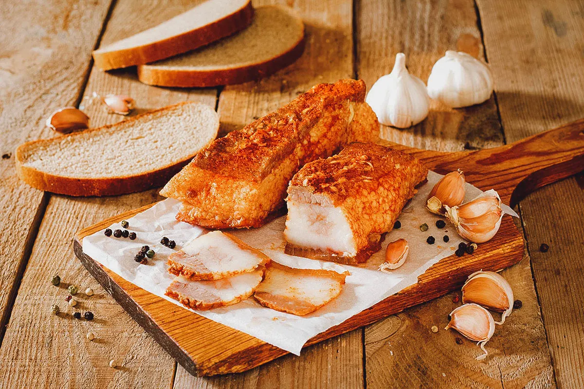 Ukrainian Food Salo on a chopping board