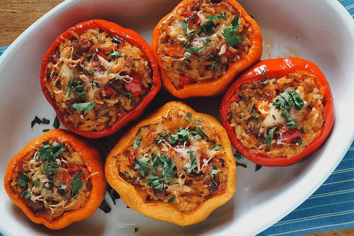 Croatian Food Punjena paprika, a popular Croatian dish of stuffed peppers