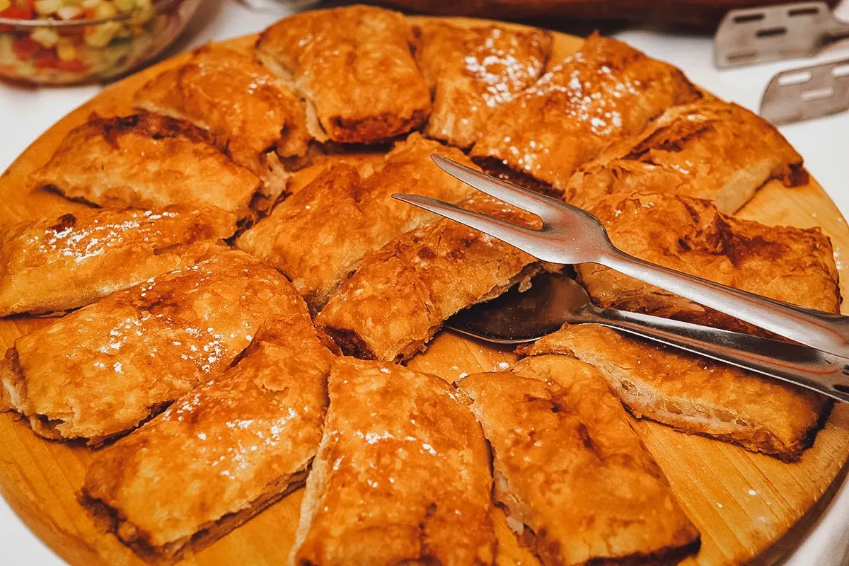 Croatian Food Zagorski strukli lightly dusted with powdered sugar