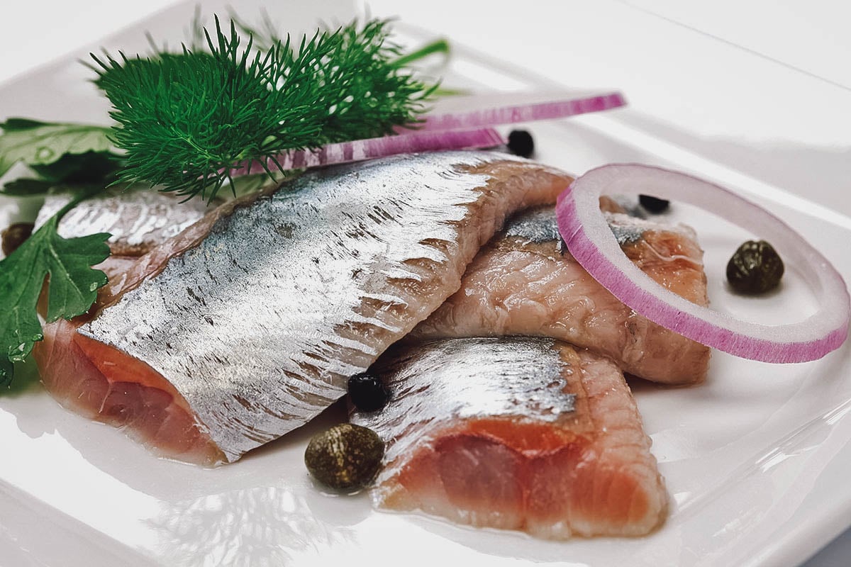 Pickled herring, one of the most commonly served fish dishes in Nordic countries