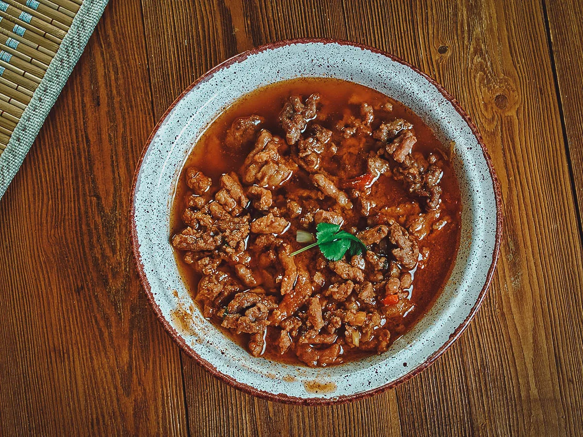 Ethiopian Food Top view of siga wot