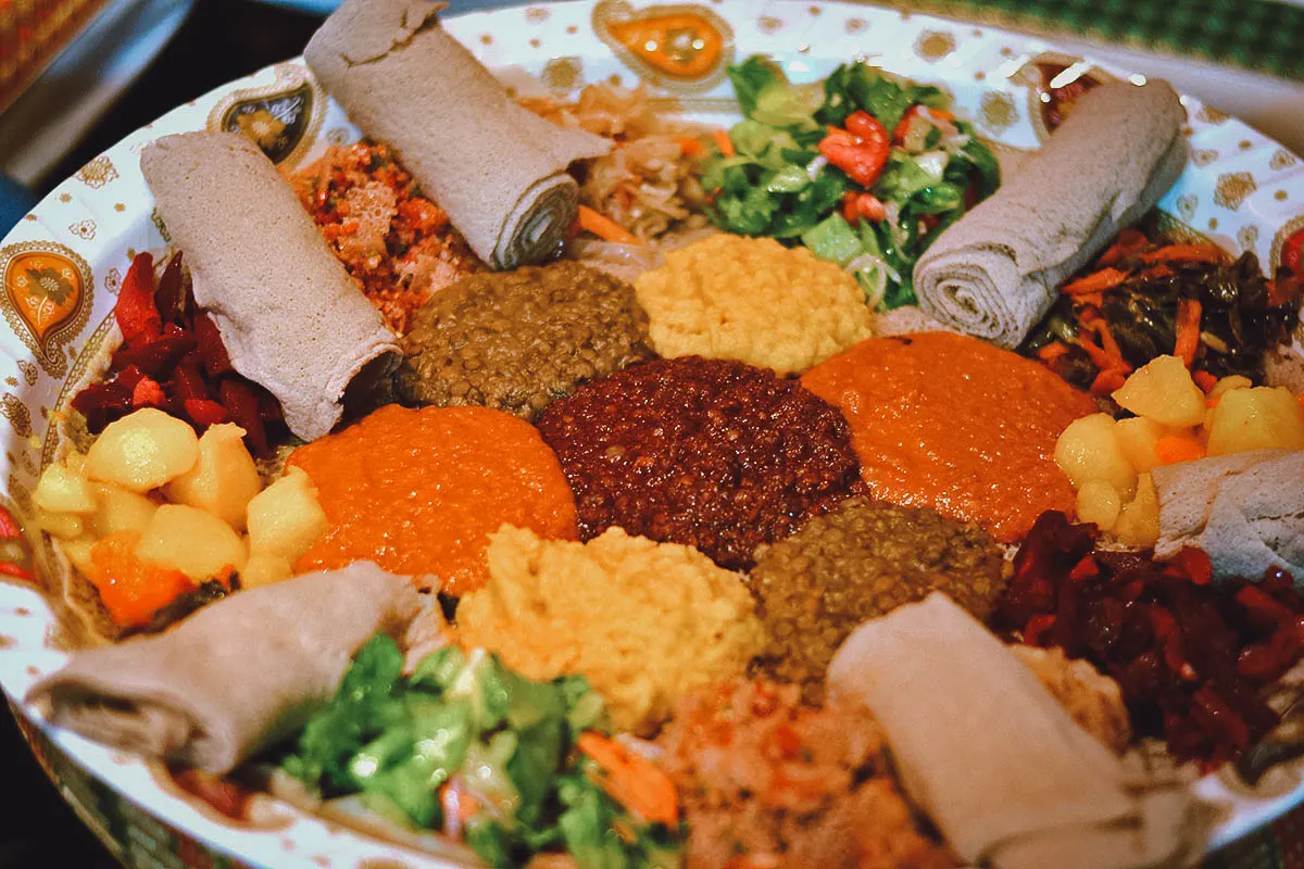Ethiopian Food Yetsom beyaynetu, a colorful platter of many Ethiopian dishes