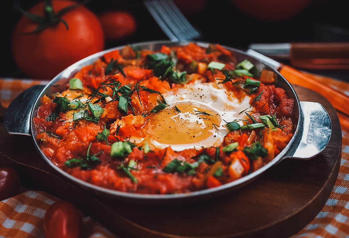 Shakshuka, a Moroccan dish of poached eggs in tomato sauce