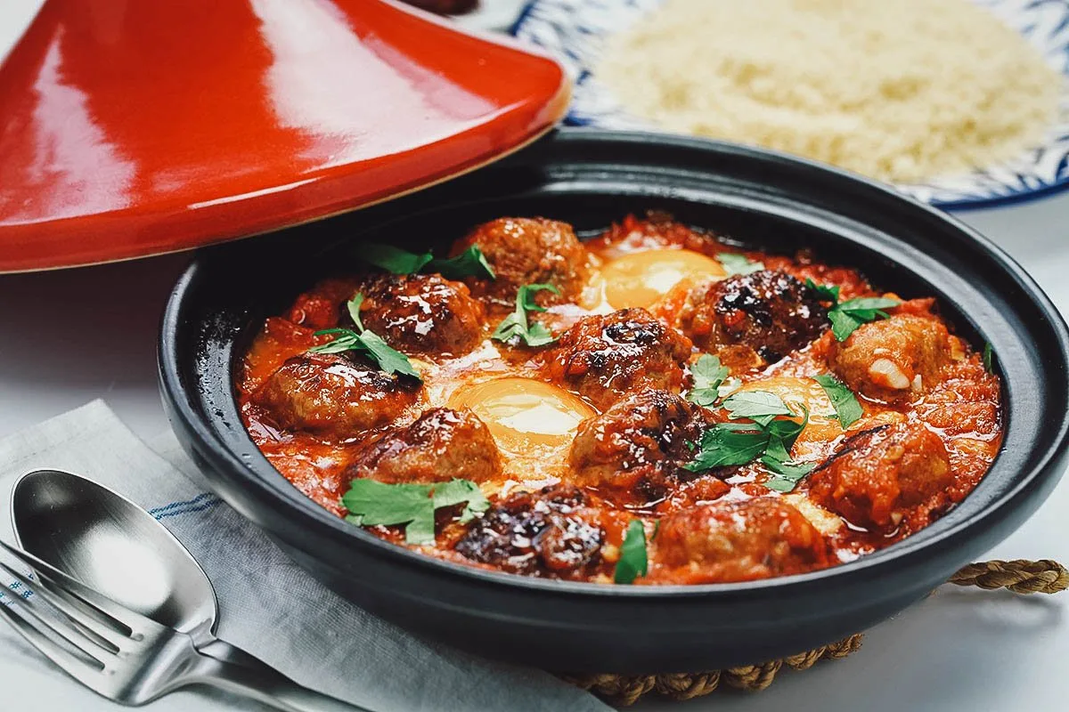 Kefta tagine in a clay cooking pot
