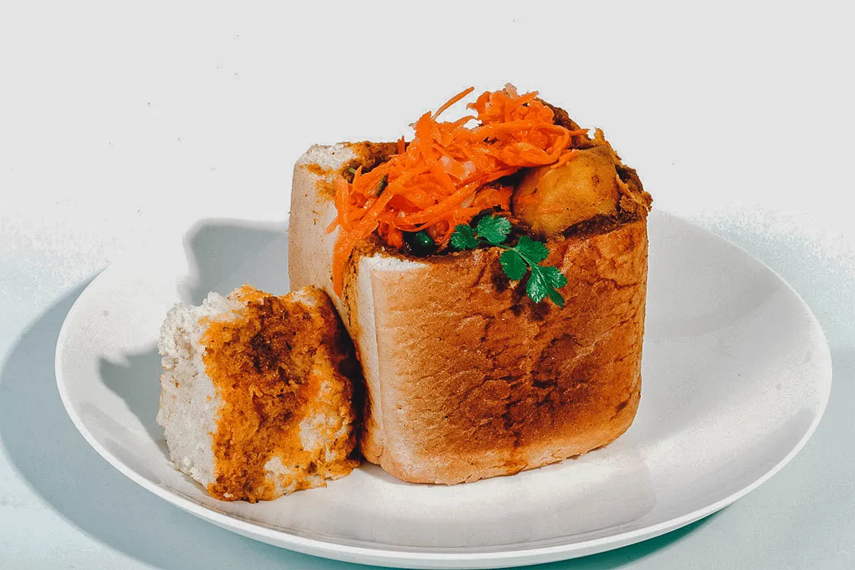 A quarter loaf of bunny chow, a popular street food in South Africa