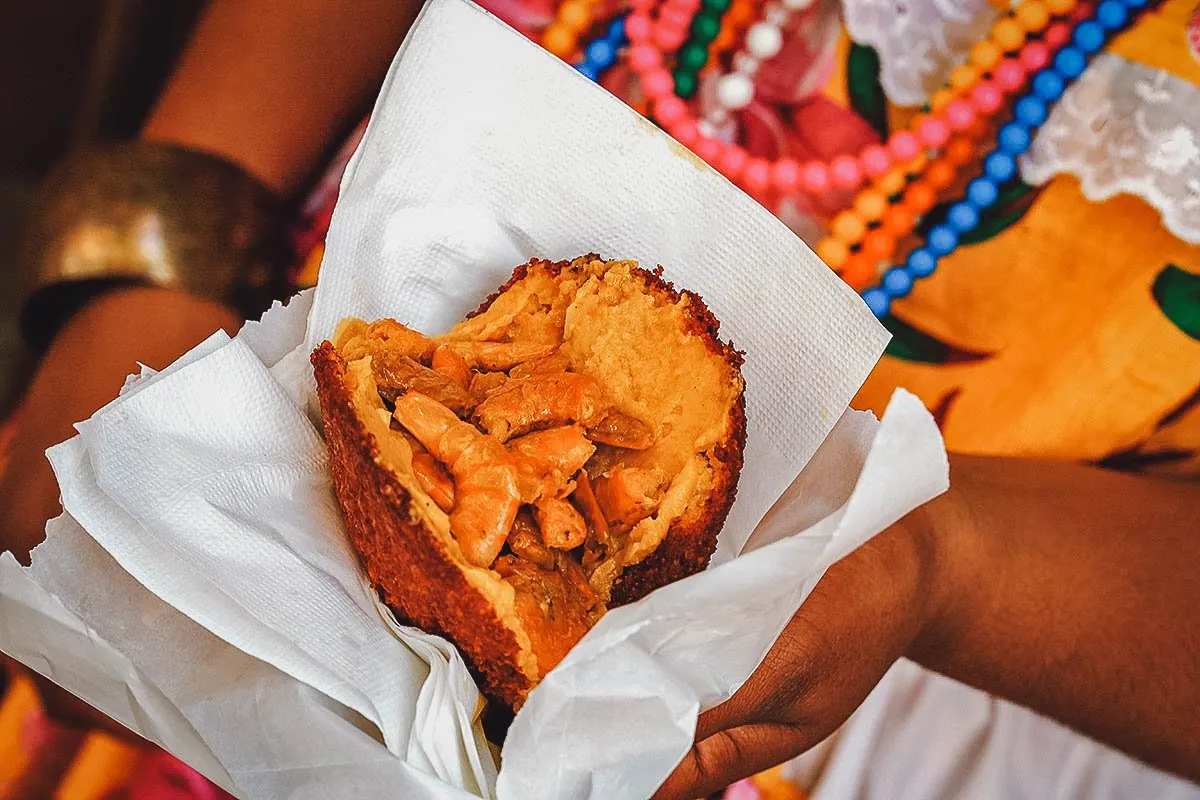 Acaraje filled with vatapa and shrimp, a typical dish from Salvador