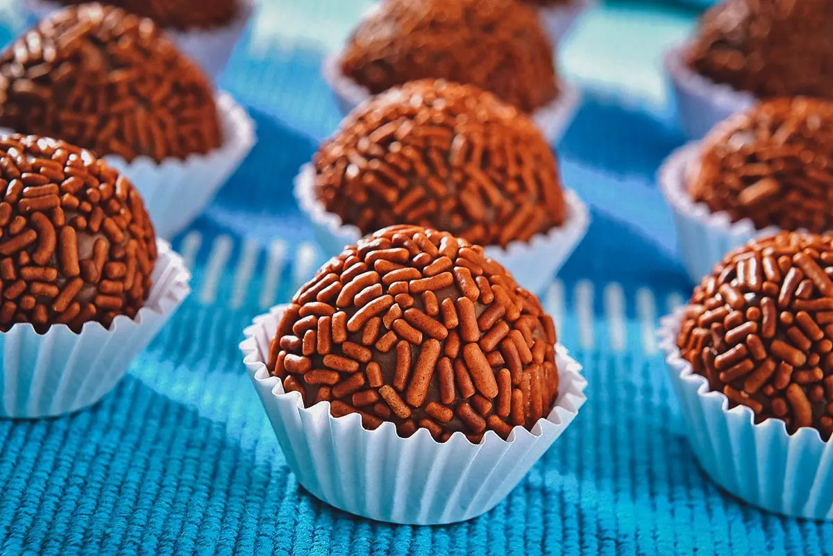 Brigadeiros, a hugely popular Brazilian confection made with chocolate or cocoa powder, condensed milk, and candy sprinkles