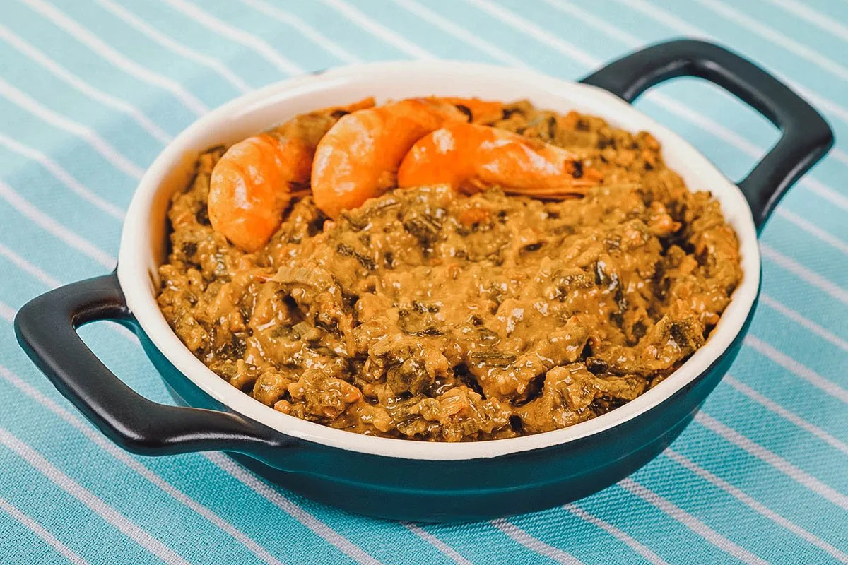 Caruru, a traditional Brazilian condiment made with okra, dried shrimp, and red palm oil