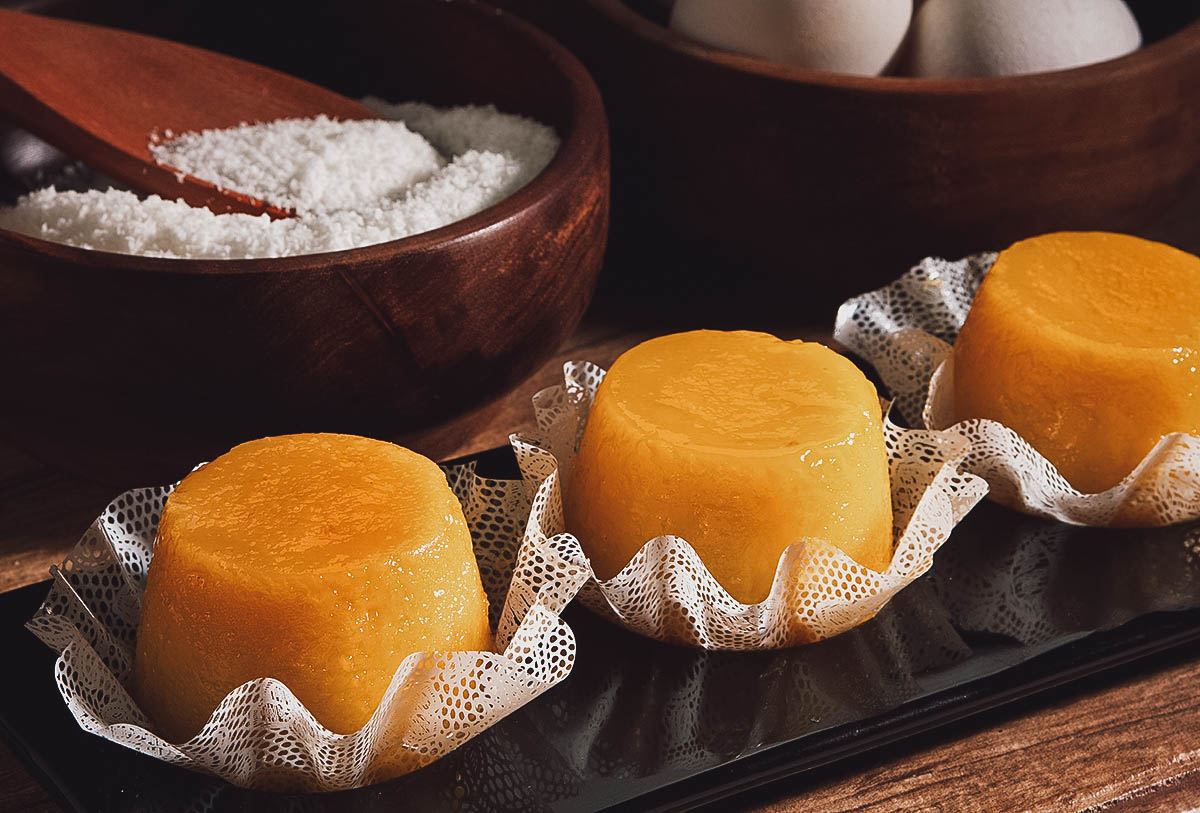 Trio of quindins, a type of Brazilian coconut egg custard