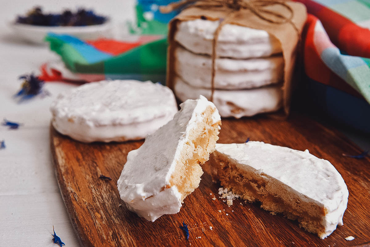 Chilenitos, a variation of alfajores coated in meringue