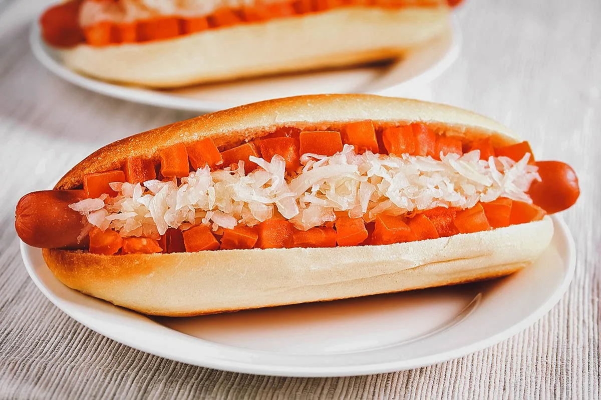 Chilean Food Completo clasico, the traditional version of the Chilean hotdog