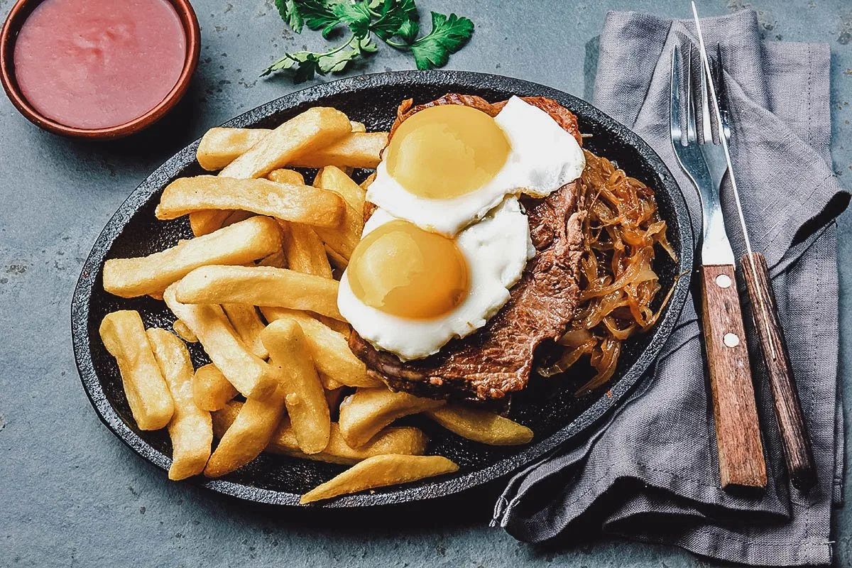 Chilean Food Lomo a lo pobre, the Chilean version of steak and eggs